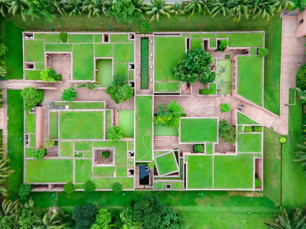 An aerial view of an eco build complex
