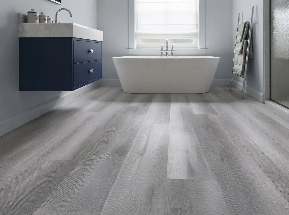 A contemporary bathroom with LVT flooring
